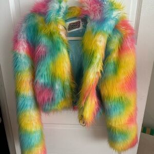 Cropped Rainbow Prismatic Fur Jacket